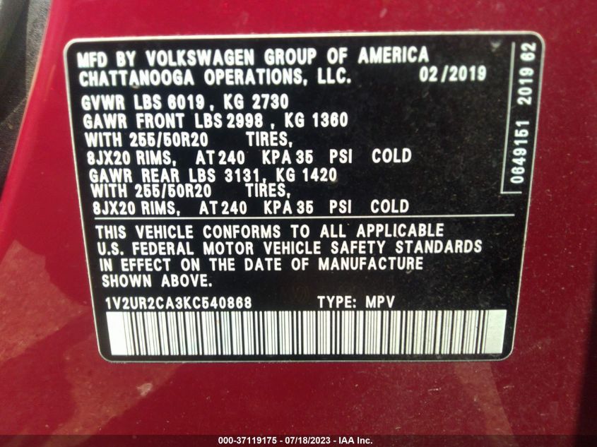 2019 VOLKSWAGEN ATLAS 3.6L V6 SE W/TECHNOLOGY - 1V2UR2CA3KC540868
