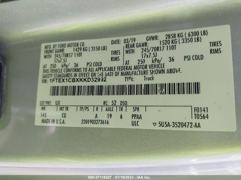 2019 FORD F-150 XL/XLT - 1FTEX1CBXKKD32992