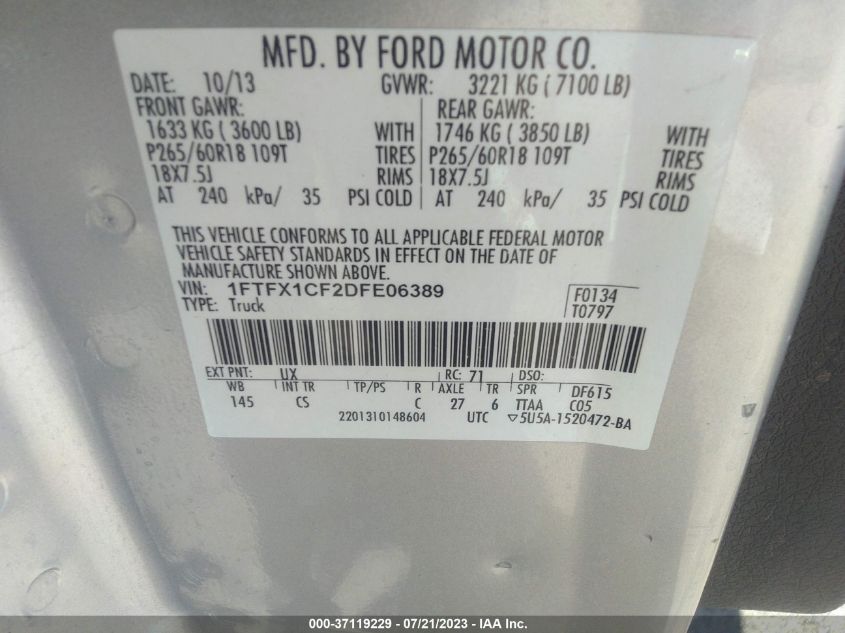 2013 FORD F-150 XL/STX/XLT/FX2/LARIAT - 1FTFX1CF2DFE06389