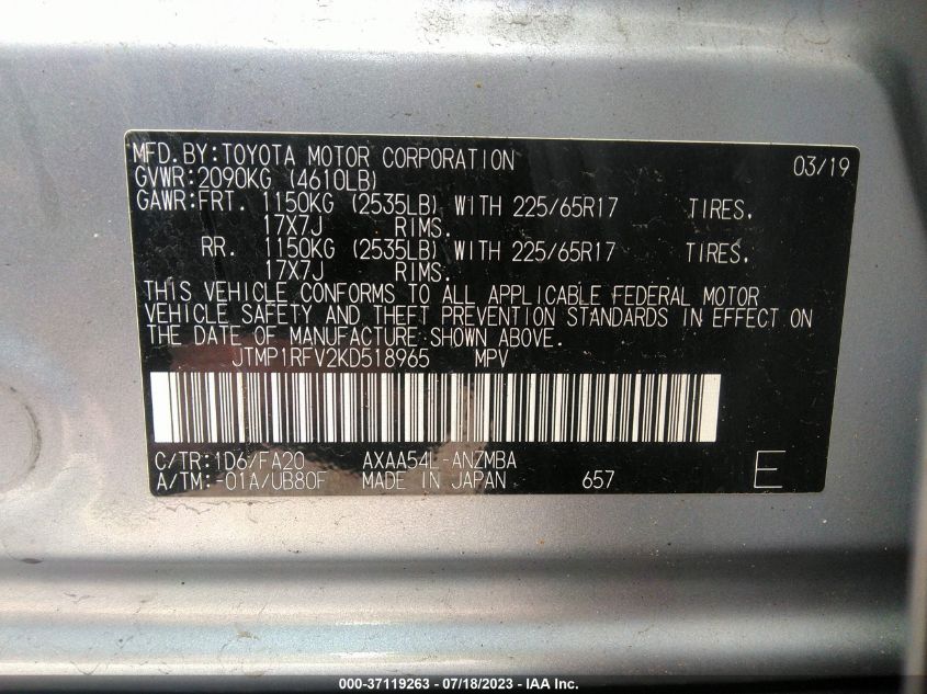 2019 TOYOTA RAV4 XLE - JTMP1RFV2KD518965