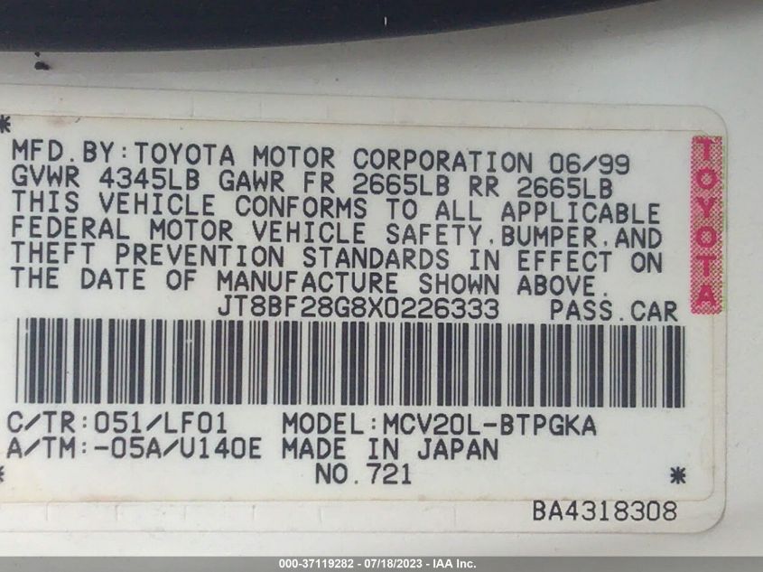 JT8BF28G8X0226333 | 1999 LEXUS ES 300