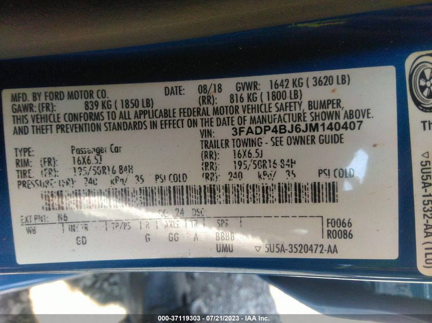 2018 FORD FIESTA SE - 3FADP4BJ6JM140407