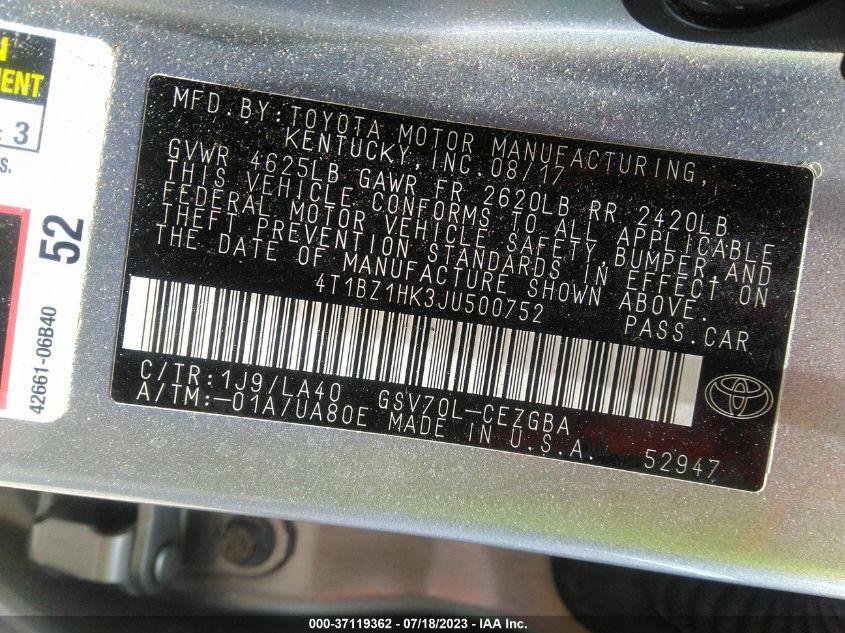 2018 TOYOTA CAMRY XLE V6 - 4T1BZ1HK3JU500752