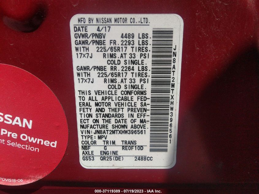 2017 NISSAN ROGUE S/SL/SV - JN8AT2MTXHW396561