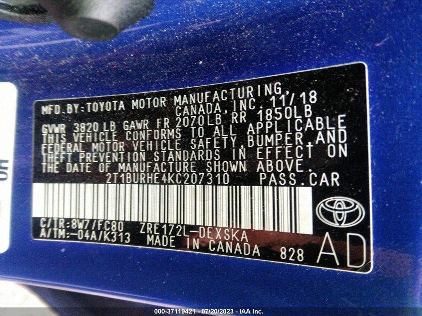 2019 TOYOTA COROLLA L/LE/SE/XLE/XSE - 2T1BURHE4KC207310