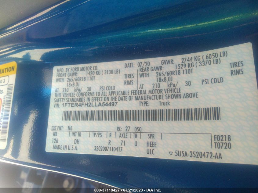 2020 FORD RANGER XL/XLT/LARIAT - 1FTER4FH2LLA54497