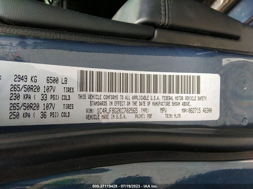 2019 JEEP GRAND CHEROKEE LIMITED X - 1C4RJFBG2KC702565