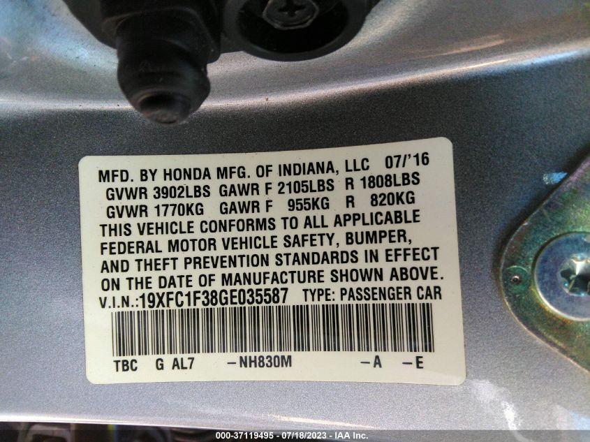 2016 HONDA CIVIC SEDAN EX-T - 19XFC1F38GE035587