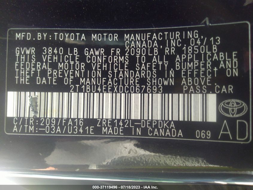 2013 TOYOTA COROLLA S/LE - 2T1BU4EEXDC067693