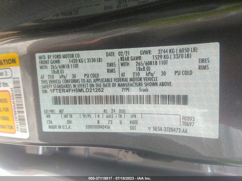 2021 FORD RANGER XL/XLT/LARIAT - 1FTER4FH5MLD21262