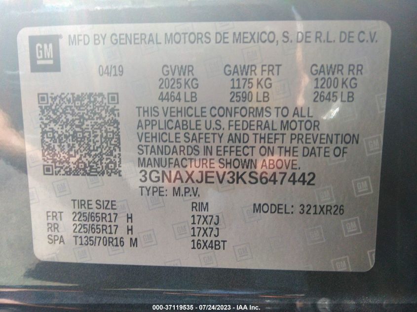 2019 CHEVROLET EQUINOX LT - 3GNAXJEV3KS647442