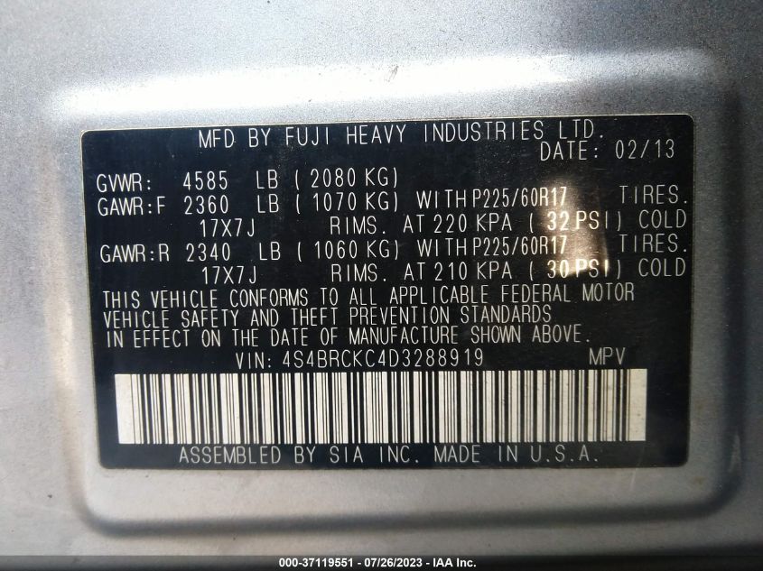 2013 SUBARU OUTBACK 2.5I LIMITED - 4S4BRCKC4D3288919