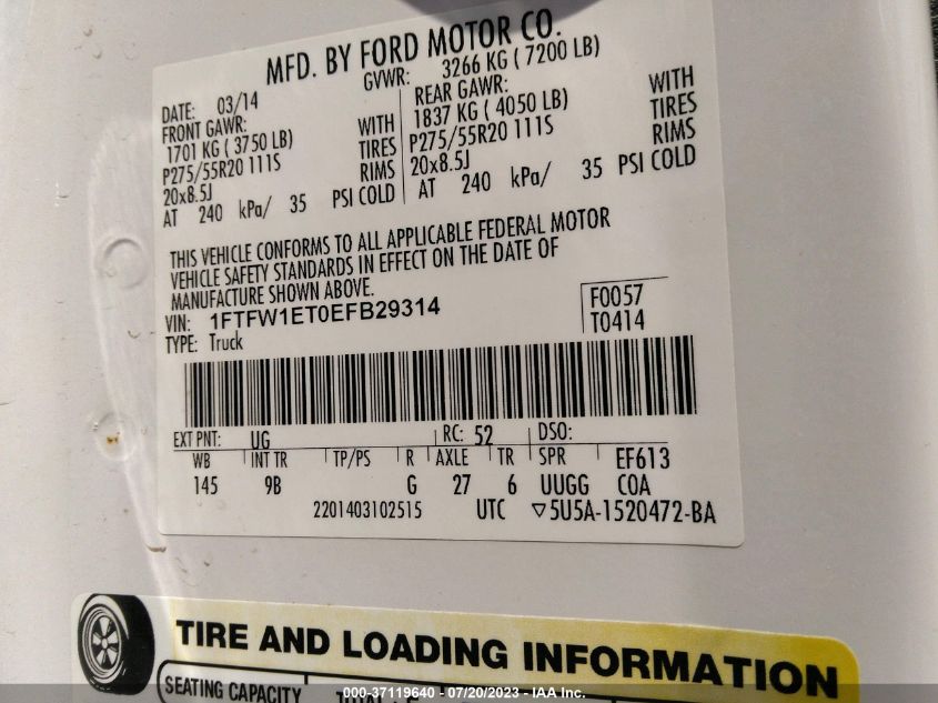 2014 FORD F-150 XL/XLT/FX4/LARIAT - 1FTFW1ET0EFB29314