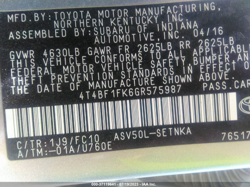 2016 TOYOTA CAMRY LE/XLE/SE/XSE - 4T4BF1FK6GR575987