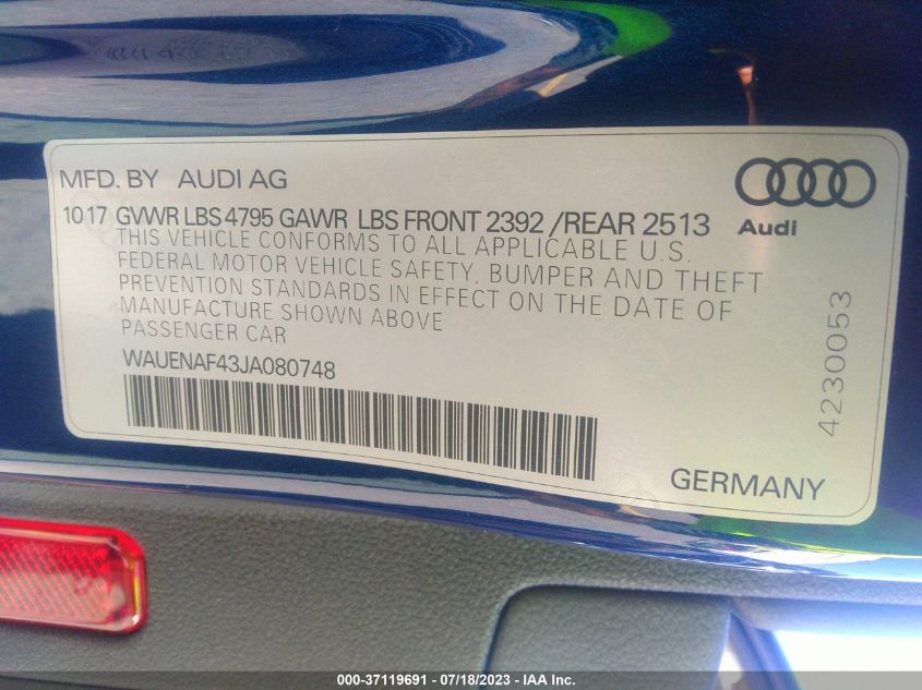 2018 AUDI A4 PREMIUM PLUS - WAUENAF43JA080748