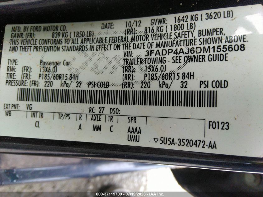 2013 FORD FIESTA S - 3FADP4AJ6DM155608