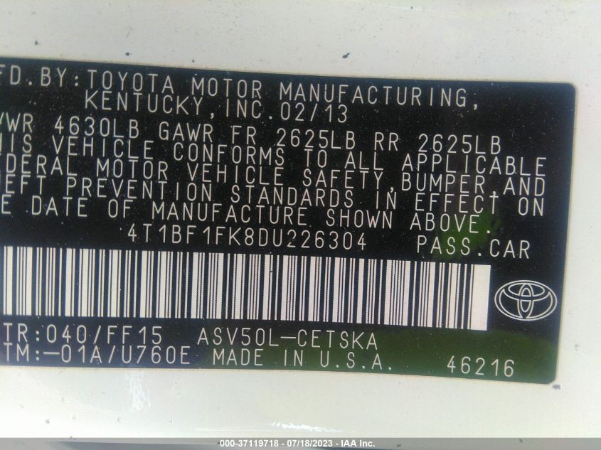 2013 TOYOTA CAMRY L/LE/SE/XLE - 4T1BF1FK8DU226304
