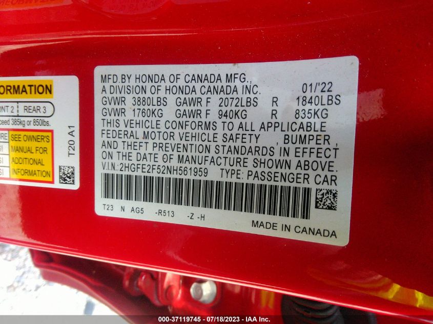 2022 HONDA CIVIC SEDAN SPORT - 2HGFE2F52NH561959