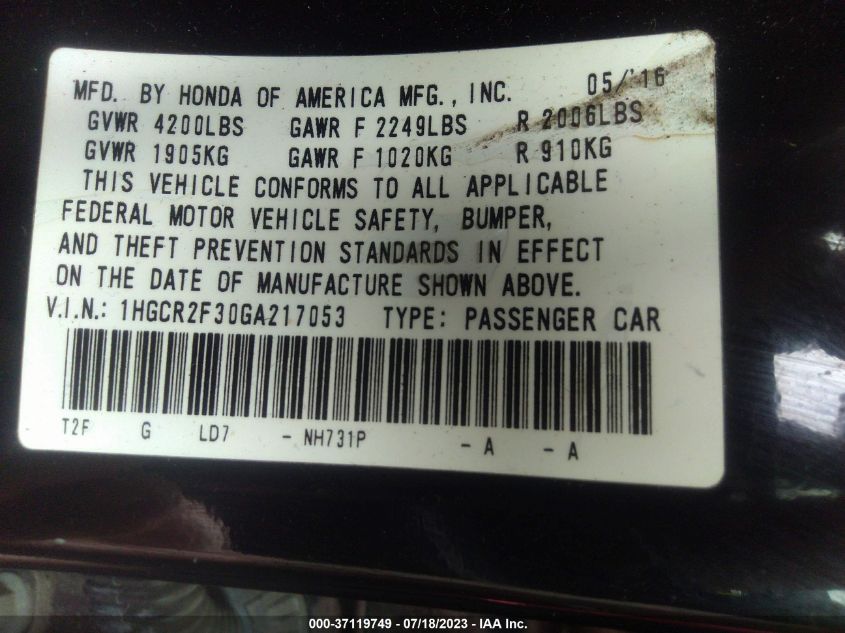 2016 HONDA ACCORD SEDAN LX - 1HGCR2F30GA217053
