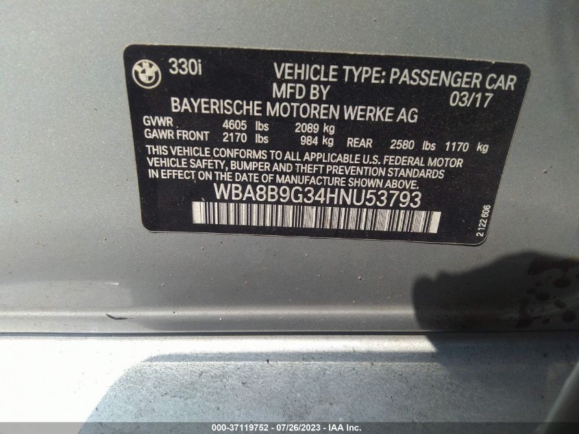 2017 BMW 330I WBA8B9G34HNU53793