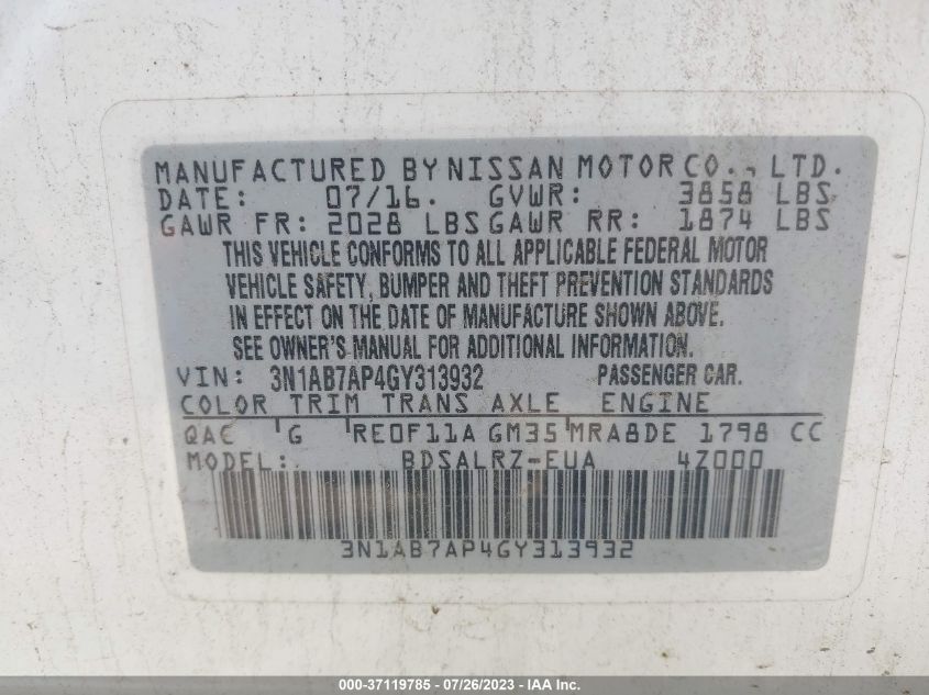 2016 NISSAN SENTRA S/SV/SR/SL - 3N1AB7AP4GY313932