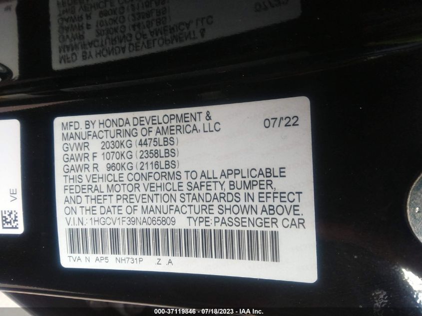 2022 HONDA ACCORD SEDAN SPORT - 1HGCV1F39NA065809