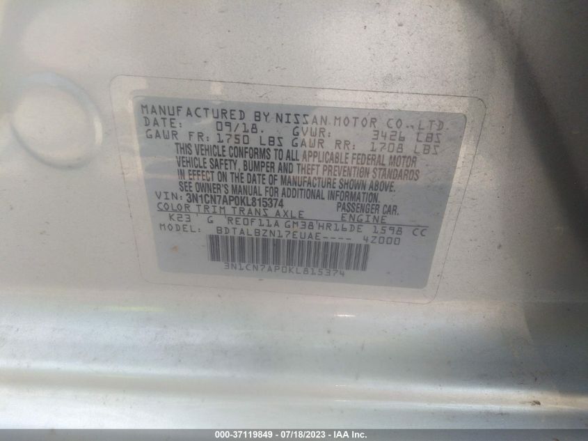 2019 NISSAN VERSA SEDAN SV - 3N1CN7AP0KL815374