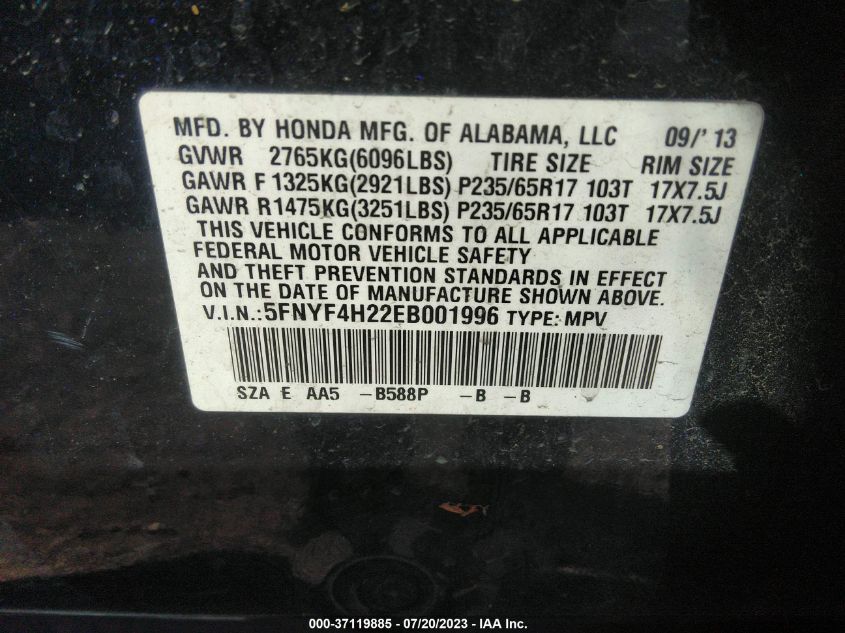 2014 HONDA PILOT LX - 5FNYF4H22EB001996