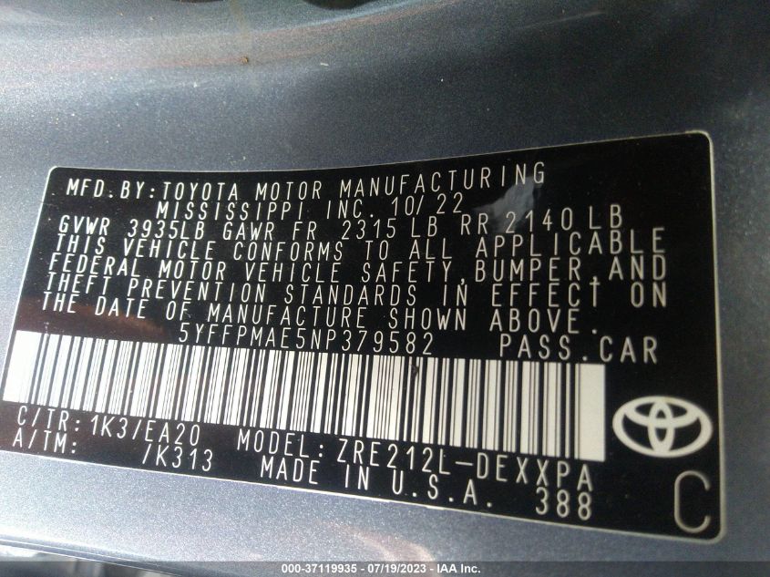 2022 TOYOTA COROLLA XLE - 5YFFPMAE5NP379582