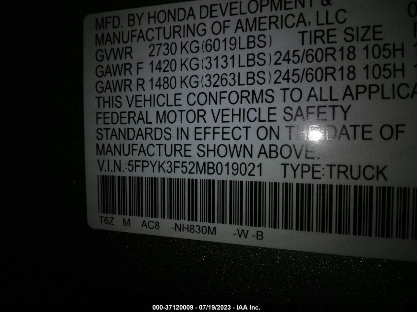 2021 HONDA RIDGELINE RTL - 5FPYK3F52MB019021
