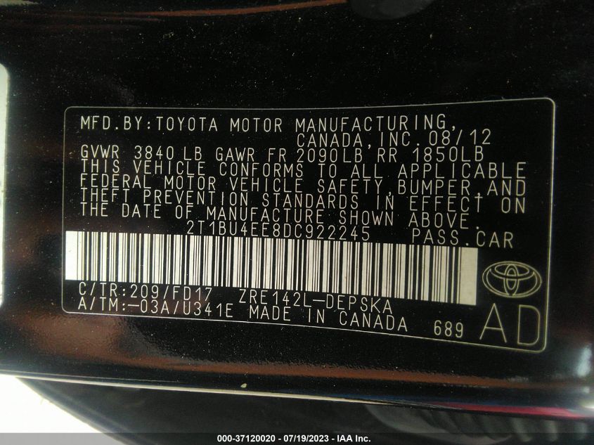 2013 TOYOTA COROLLA S/LE - 2T1BU4EE8DC922245