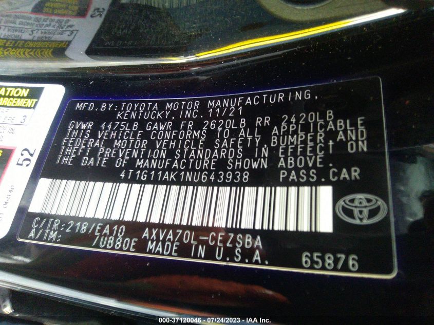2022 TOYOTA CAMRY SE - 4T1G11AK1NU643938