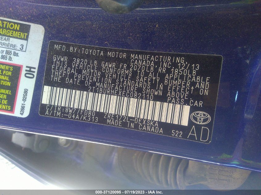 2014 TOYOTA COROLLA L/LE/S/S PLUS/LE PLUS - 2T1BURHEXEC082110