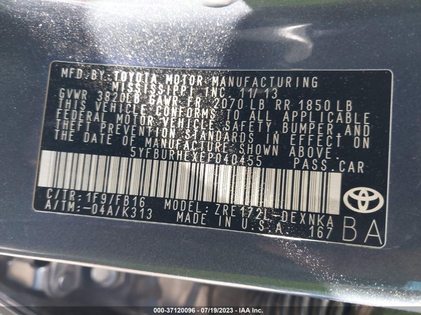 2014 TOYOTA COROLLA L/LE/LE PLS/PRM/S/S PLS - 5YFBURHEXEP040455