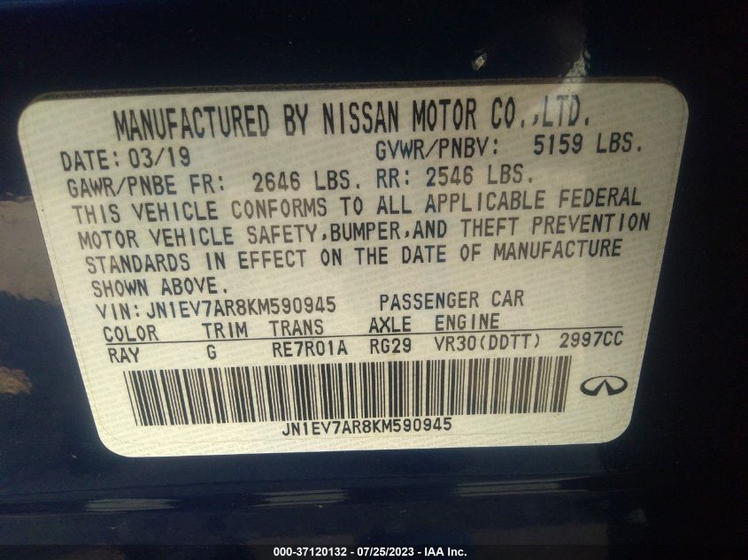 2019 INFINITI Q50 3.0T SIGNATURE EDITION - JN1EV7AR8KM590945