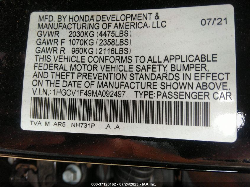2021 HONDA ACCORD SEDAN SPORT SE - 1HGCV1F49MA092497