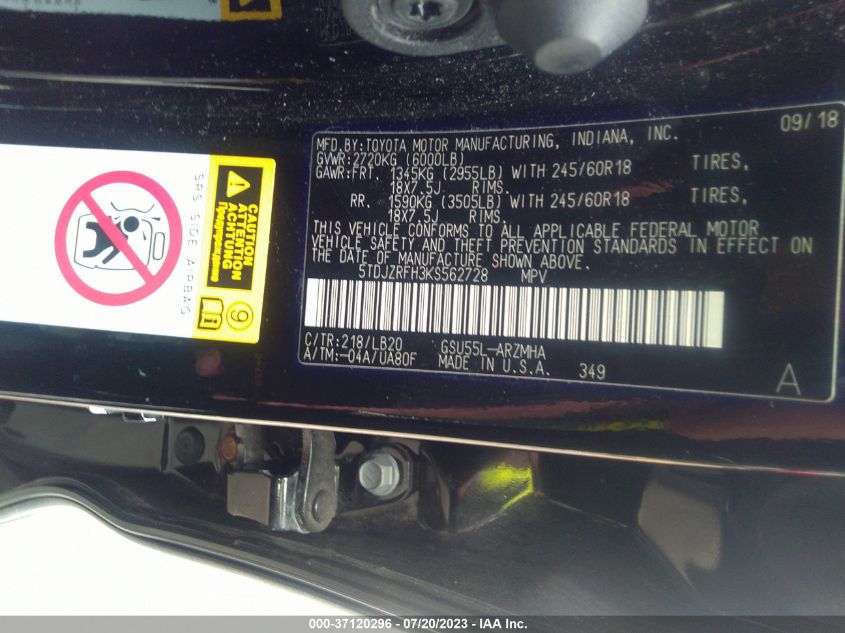 2019 TOYOTA HIGHLANDER SE/XLE - 5TDJZRFH3KS562728