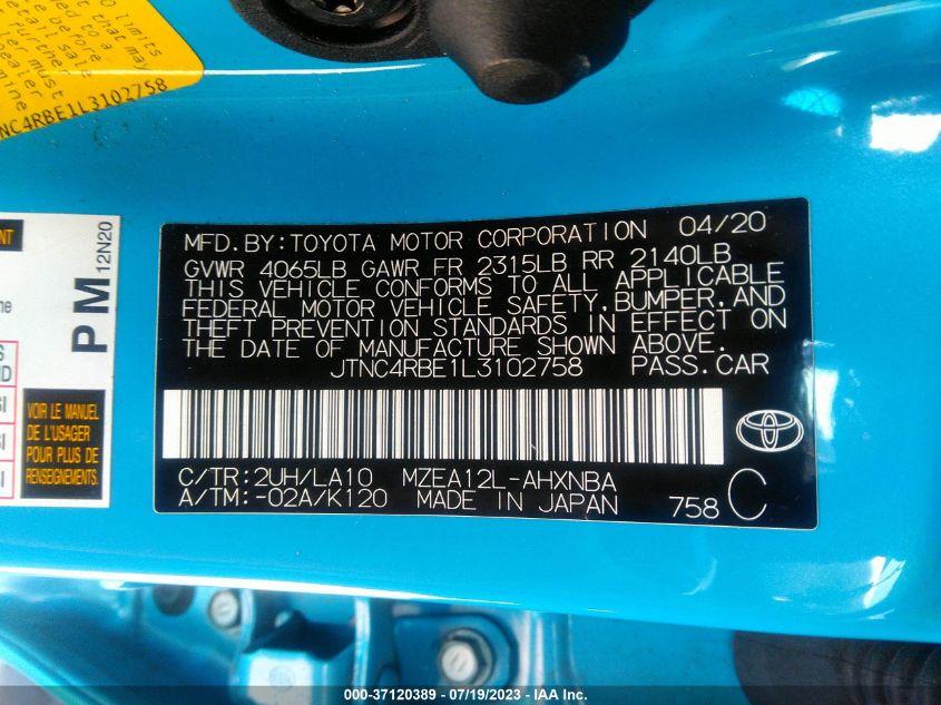 2020 TOYOTA COROLLA HATCHBACK XSE JTNC4RBE1L3102758