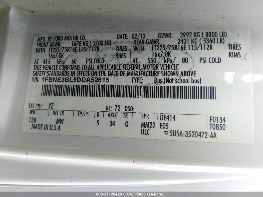 2013 FORD ECONOLINE WAGON XL/XLT 1FBNE3BL5DDA52615