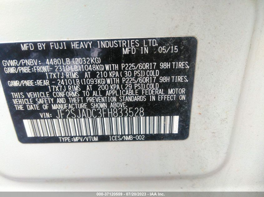 2015 SUBARU FORESTER 2.5I PREMIUM - JF2SJADC3FH833528