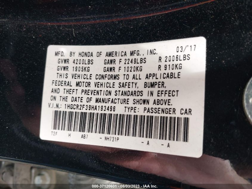 2017 HONDA ACCORD SEDAN LX - 1HGCR2F39HA193496