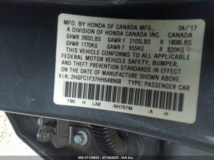 2017 HONDA CIVIC SEDAN EX-T - 2HGFC1F37HH648968