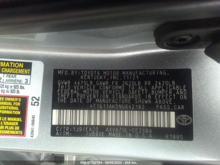 2022 TOYOTA CAMRY SE/SE NIGHT SHADE - 4T1G11AK0NU642182