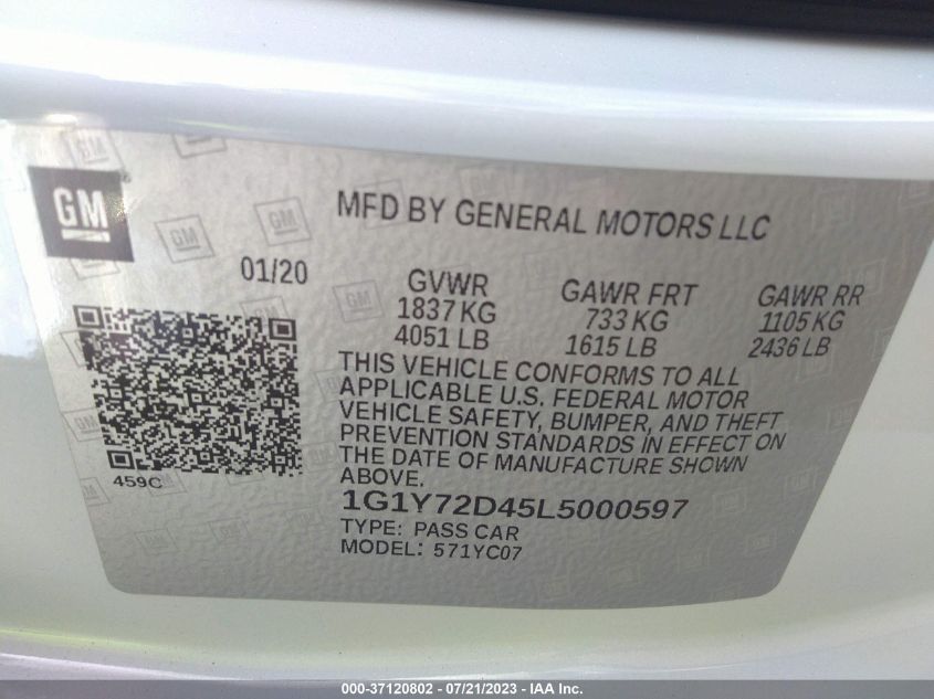 2020 CHEVROLET CORVETTE 2LT - 1G1Y72D45L5000597