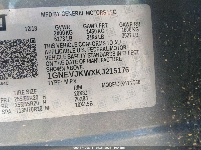 2019 CHEVROLET TRAVERSE RS - 1GNEVJKWXKJ215176