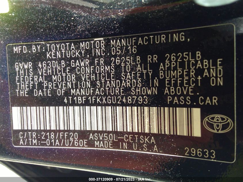 2016 TOYOTA CAMRY XLE/SE/LE/XSE - 4T1BF1FKXGU248793