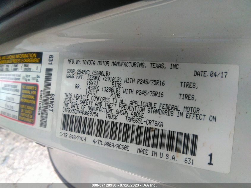2017 TOYOTA TACOMA SR/SR5 - 5TFRX5GN4HX089754