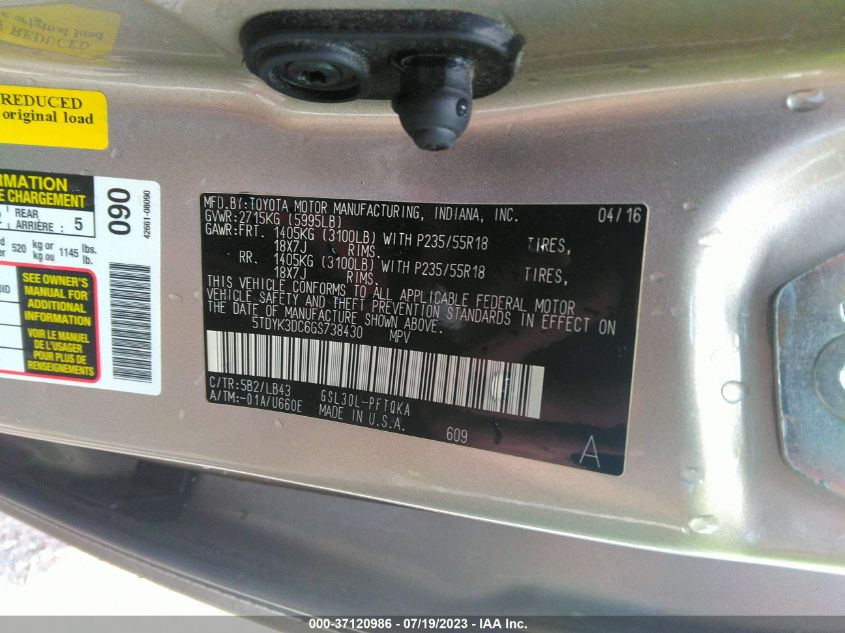 5TDYK3DC6GS738430 2016 TOYOTA SIENNA, photo no. 9