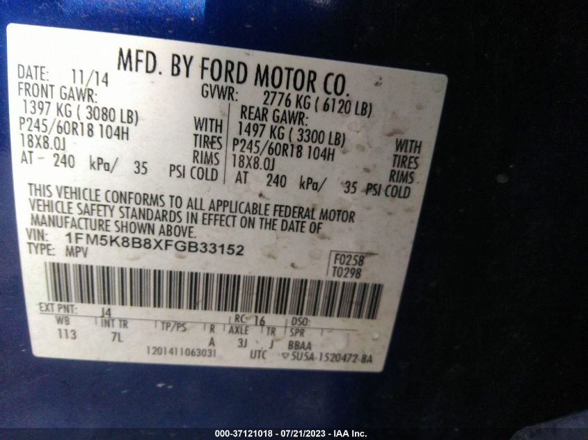 2015 FORD EXPLORER - 1FM5K8B8XFGB33152
