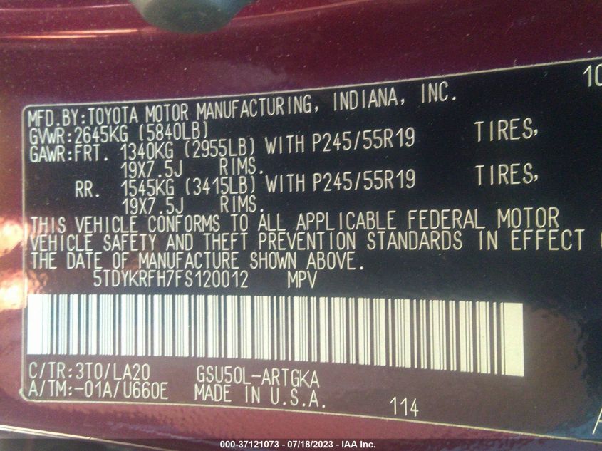 2015 TOYOTA HIGHLANDER LIMITED - 5TDYKRFH7FS120012